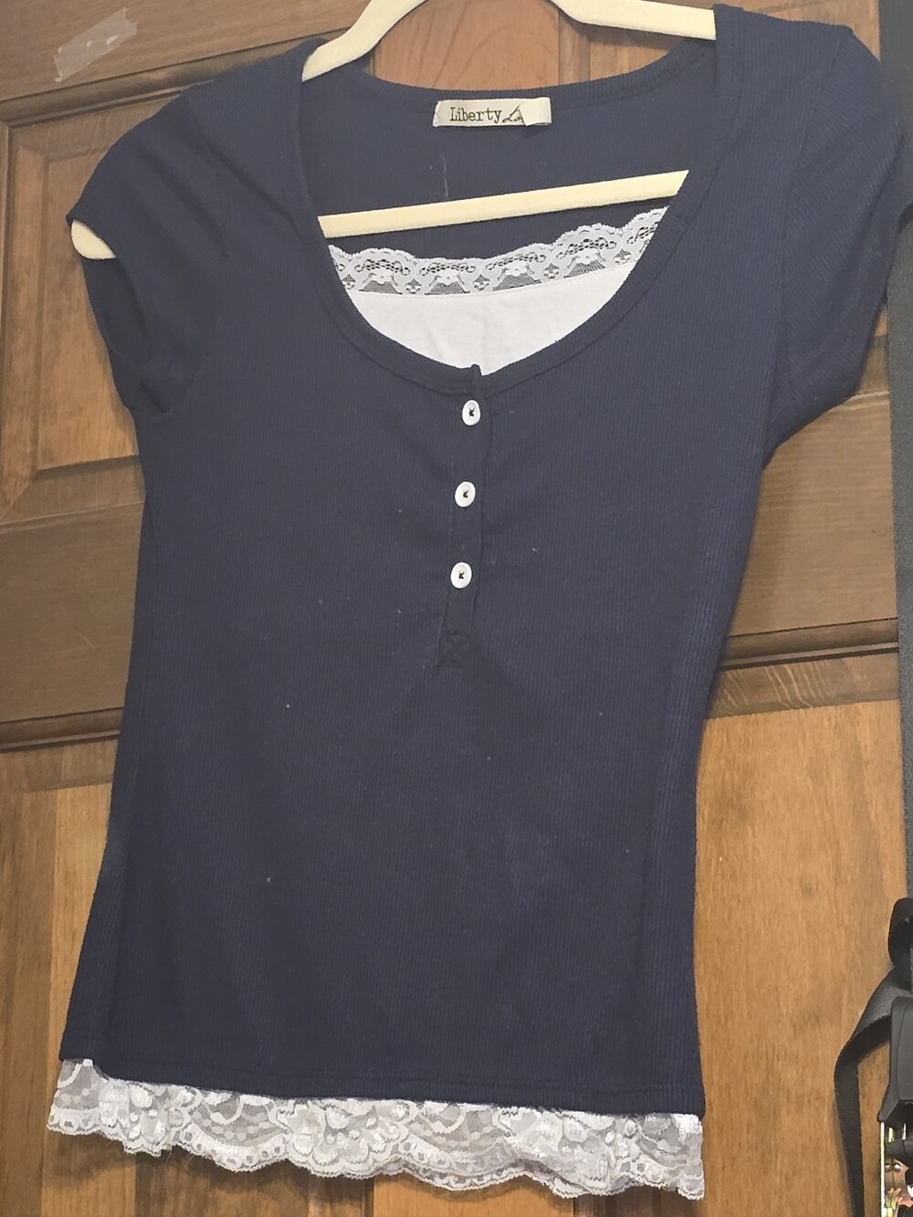 liberty Navy Ribbed Short Sleeve Henley with Lace Trim